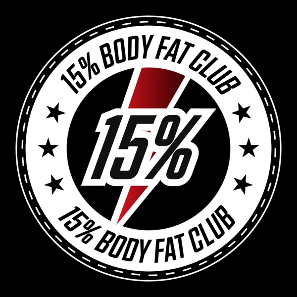 15% Body Fat Club logo featuring bold '15%' text with a red and black lightning bolt design inside a circular emblem surrounded by stars.