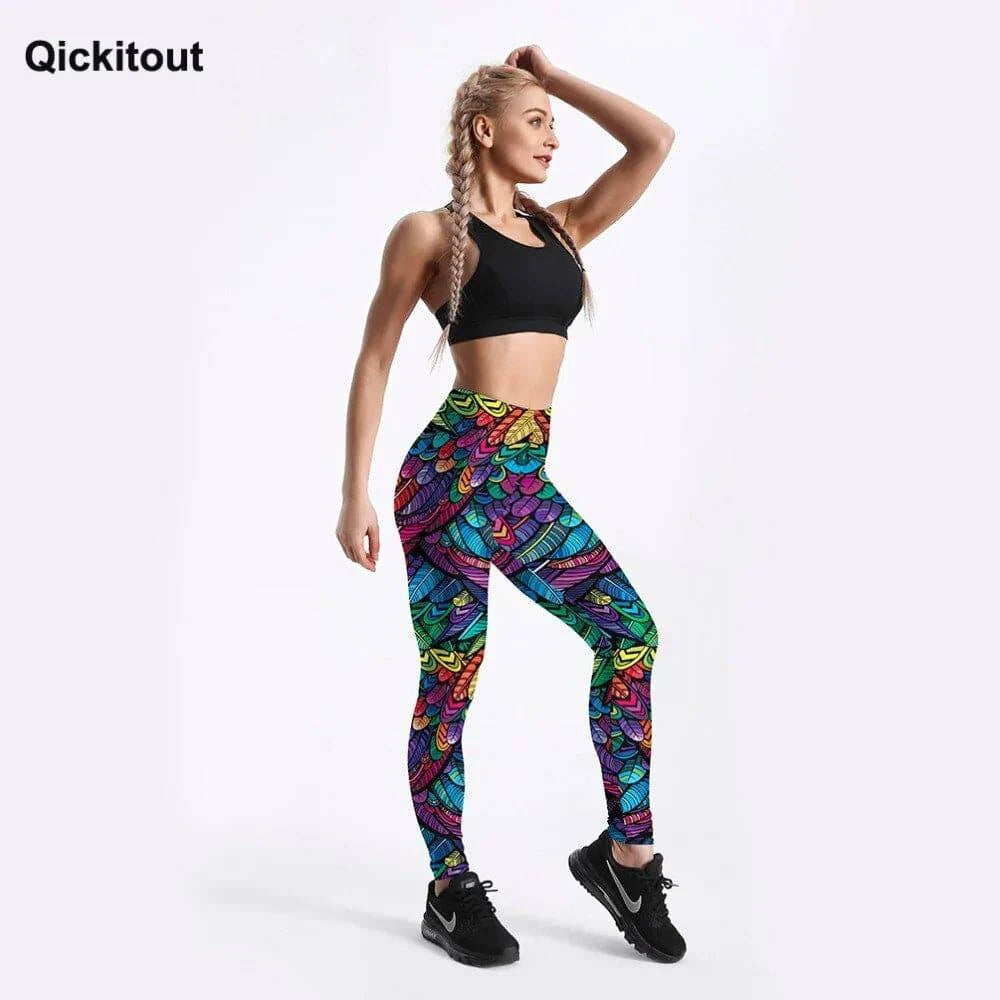 Quickitout Color Feathers 3D Printed Women's Mid-Waist Fitness Trousers - 15% Body Fat Club