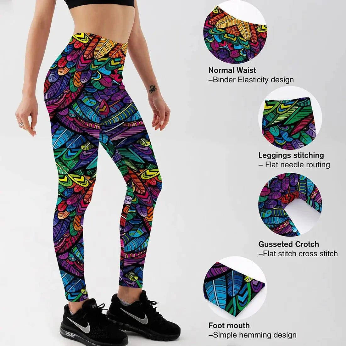 Quickitout Color Feathers 3D Printed Women's Mid-Waist Fitness Trousers - 15% Body Fat Club