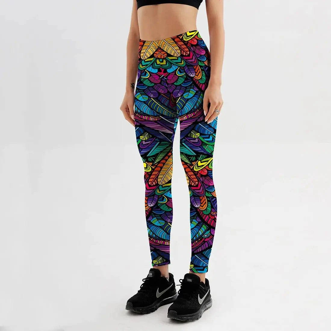 Quickitout Color Feathers 3D Printed Women's Mid-Waist Fitness Trousers - 15% Body Fat Club