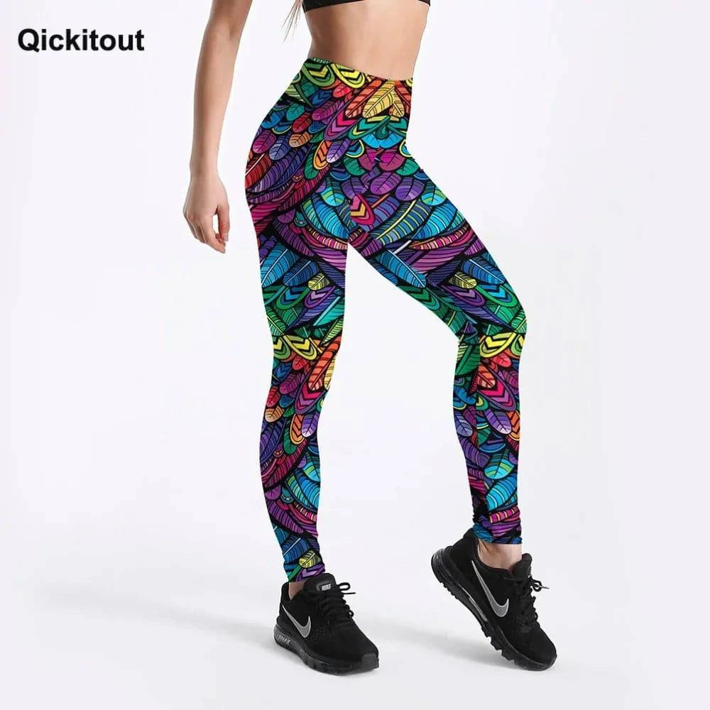 Quickitout Color Feathers 3D Printed Women's Mid-Waist Fitness Trousers - 15% Body Fat Club