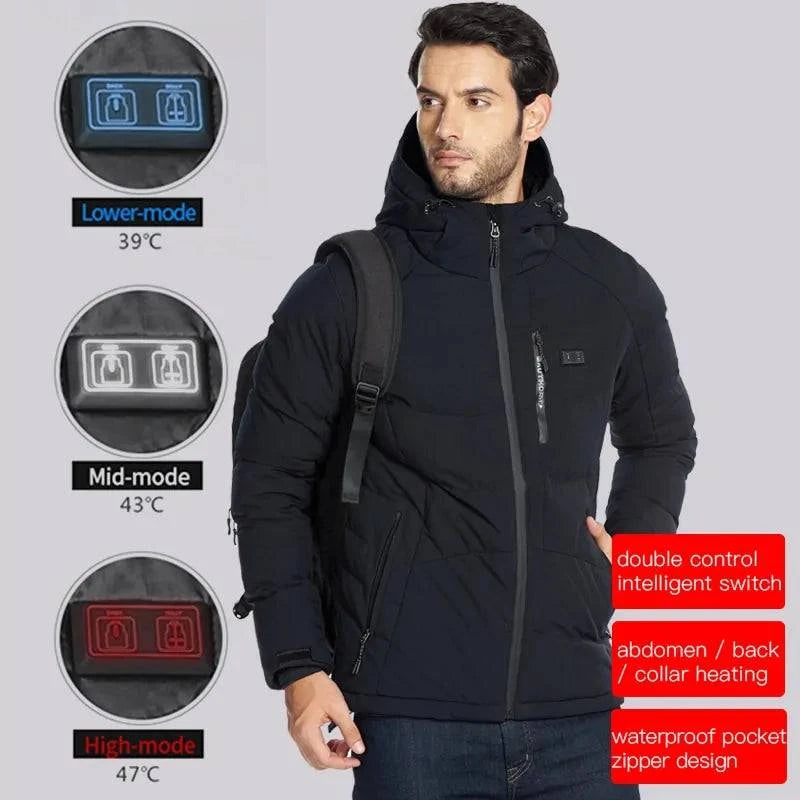 Men Winter Outdoor USB Infrared Heating Hooded Jacket - 15% Body Fat Club