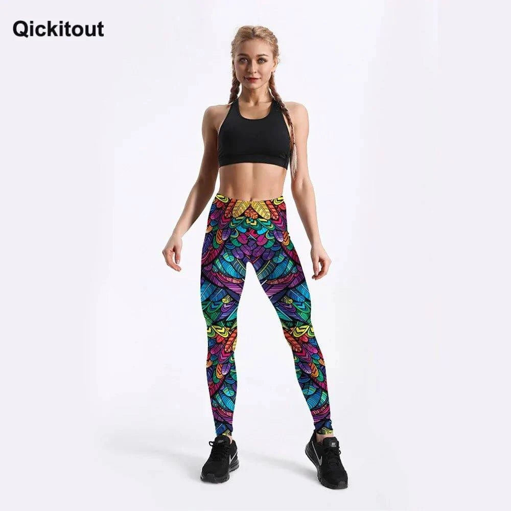 Quickitout Color Feathers 3D Printed Women's Mid-Waist Fitness Trousers - 15% Body Fat Club