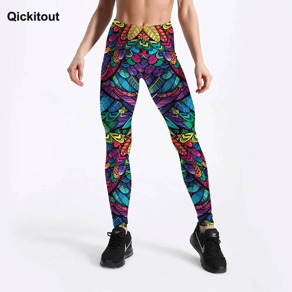 Quickitout Color Feathers 3D Printed Women's Mid-Waist Fitness Trousers - 15% Body Fat Club