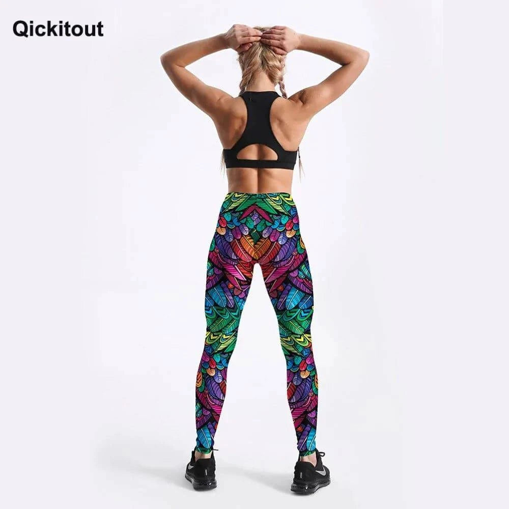 Quickitout Color Feathers 3D Printed Women's Mid-Waist Fitness Trousers - 15% Body Fat Club