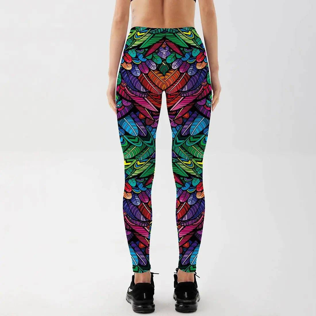 Quickitout Color Feathers 3D Printed Women's Mid-Waist Fitness Trousers - 15% Body Fat Club