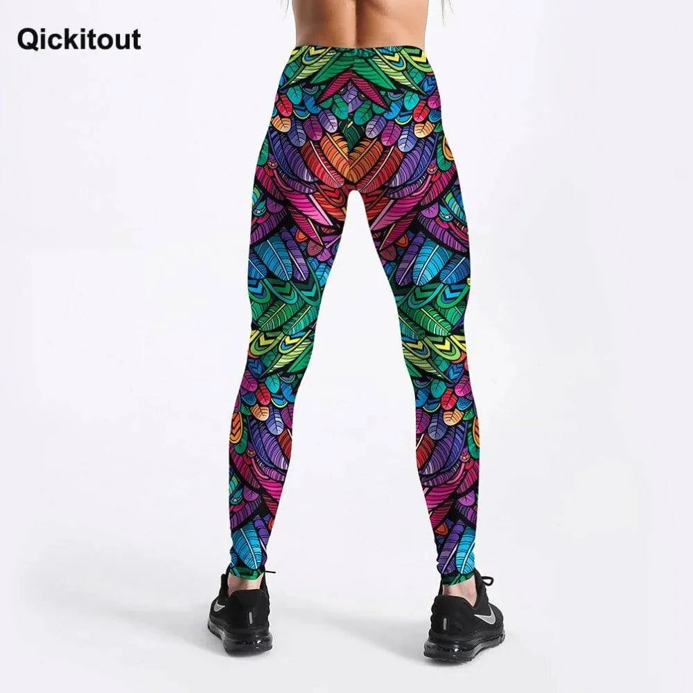 Quickitout Color Feathers 3D Printed Women's Mid-Waist Fitness Trousers - 15% Body Fat Club